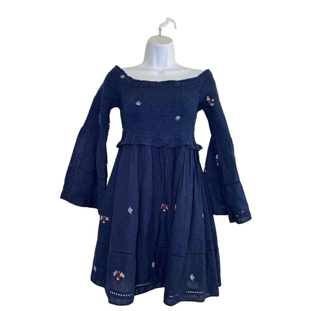 Free People Counting Daisies Embroidered Mini Dress Size SMALL Navy Blue